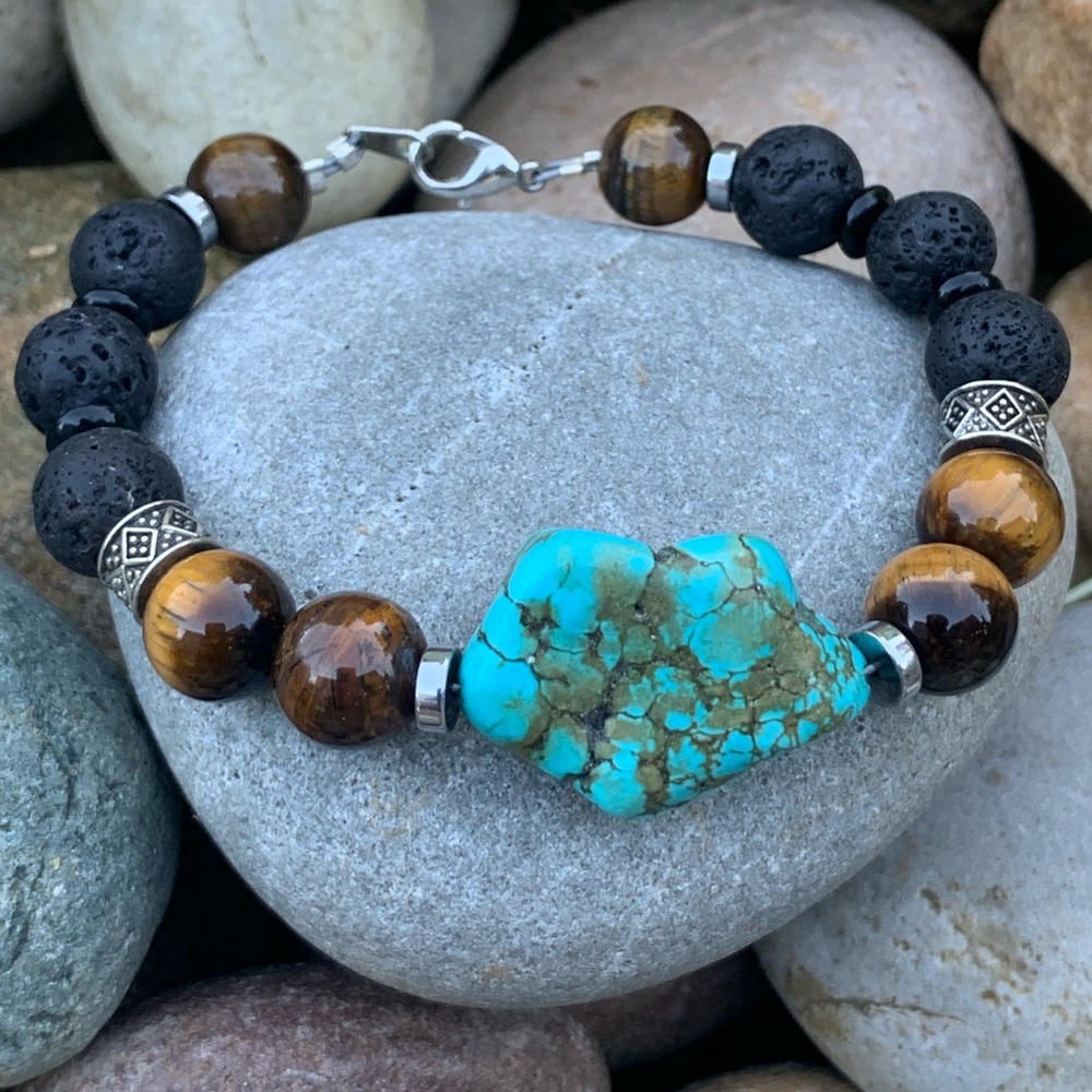 Turquoise Nugget & Tiger Eye Bracelet - Picture 1 of 2